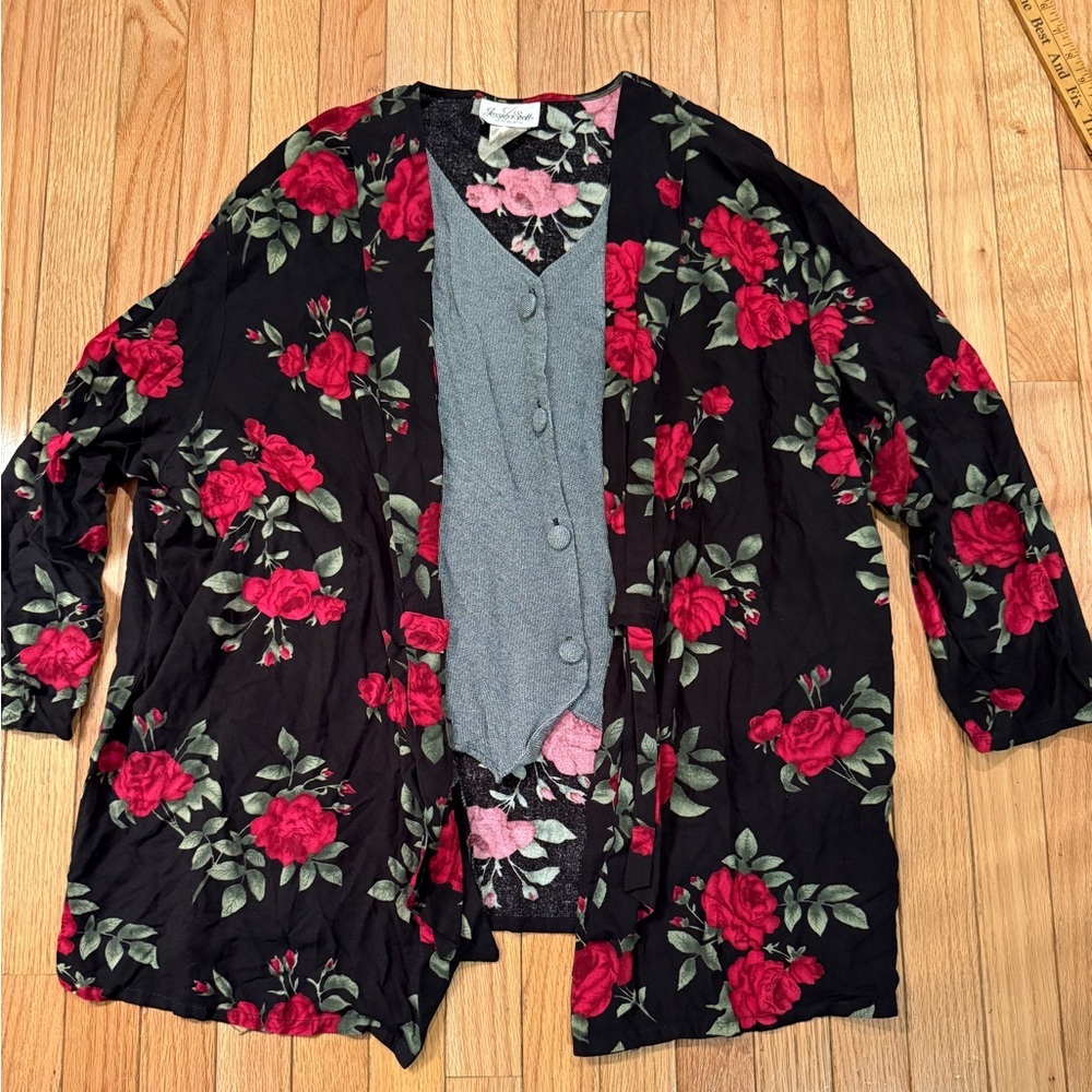 VTG Jessica Scott Black Red Floral Twofer Cardigan Mock Vest grannycore romantic